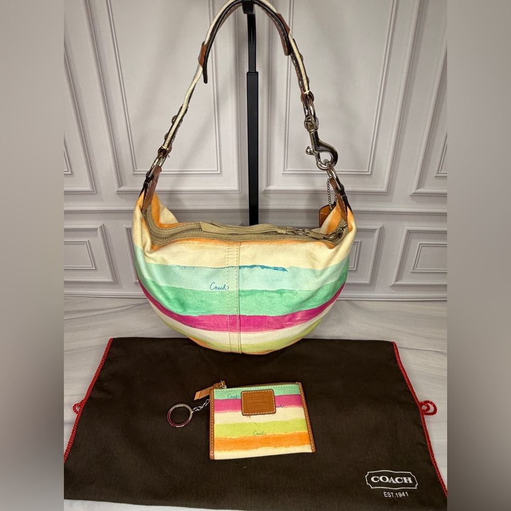 Coach Multicolor Striped Canvas Shoulder Hobo Bag & Matching Card Holder Set - Picture 3 of 13
